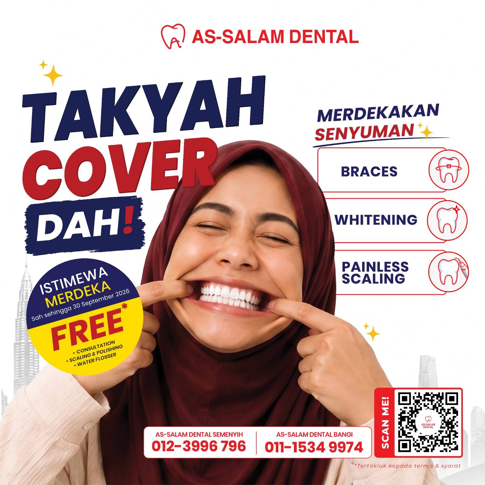 Website Poster Dental Promotion for Merdeka 2026. Promotion for Braces, Whitening and Painless Scaling.